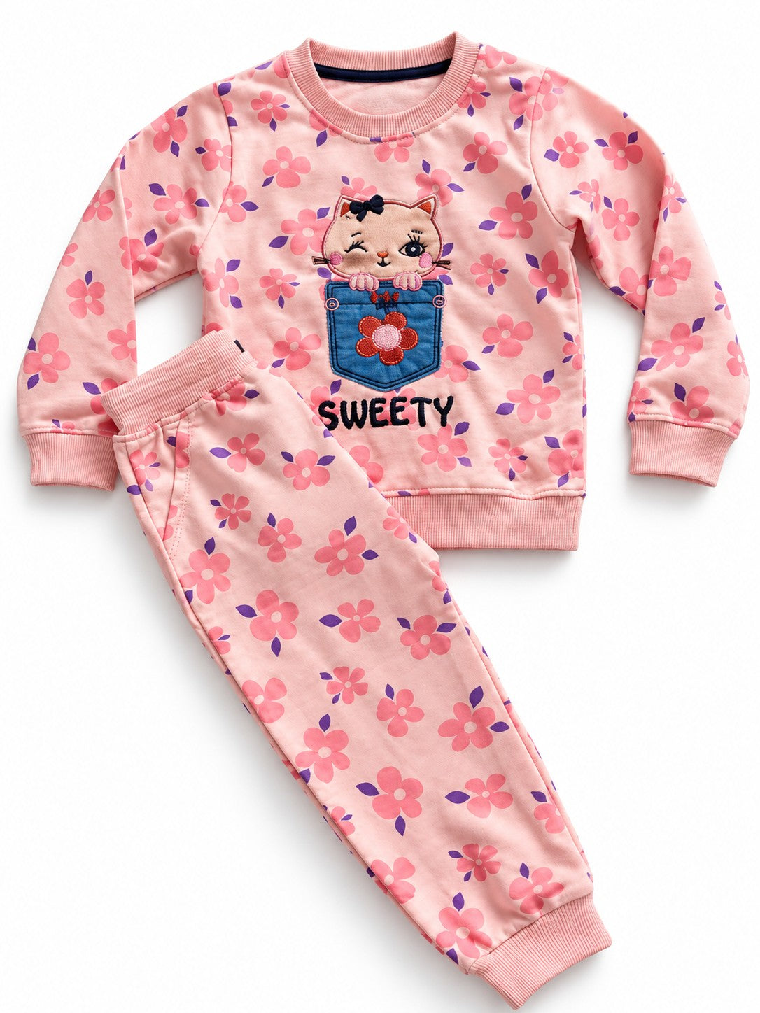 Sweety Kitty Floral Sweatshirt Set – Pink – CuddleBerry premium kidswear