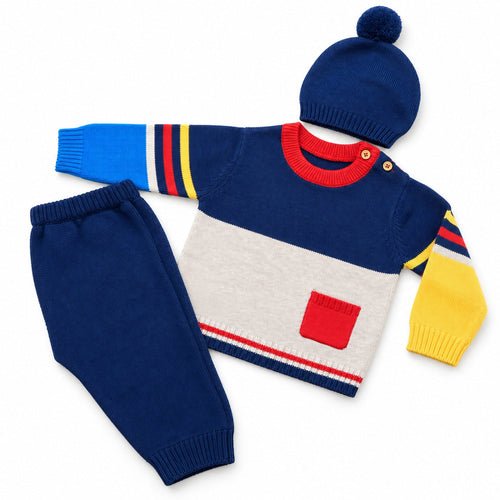 Navy colour block knit set with beanie and pants