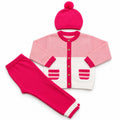 Pink colour block cardigan set with beanie and pants