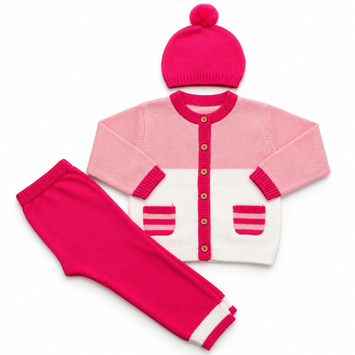 Pink colour block cardigan set with beanie and pants