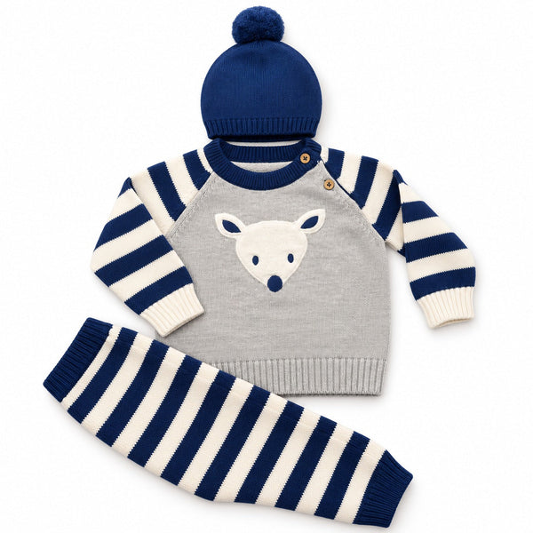 Polar bear knit set in navy and grey with beanie