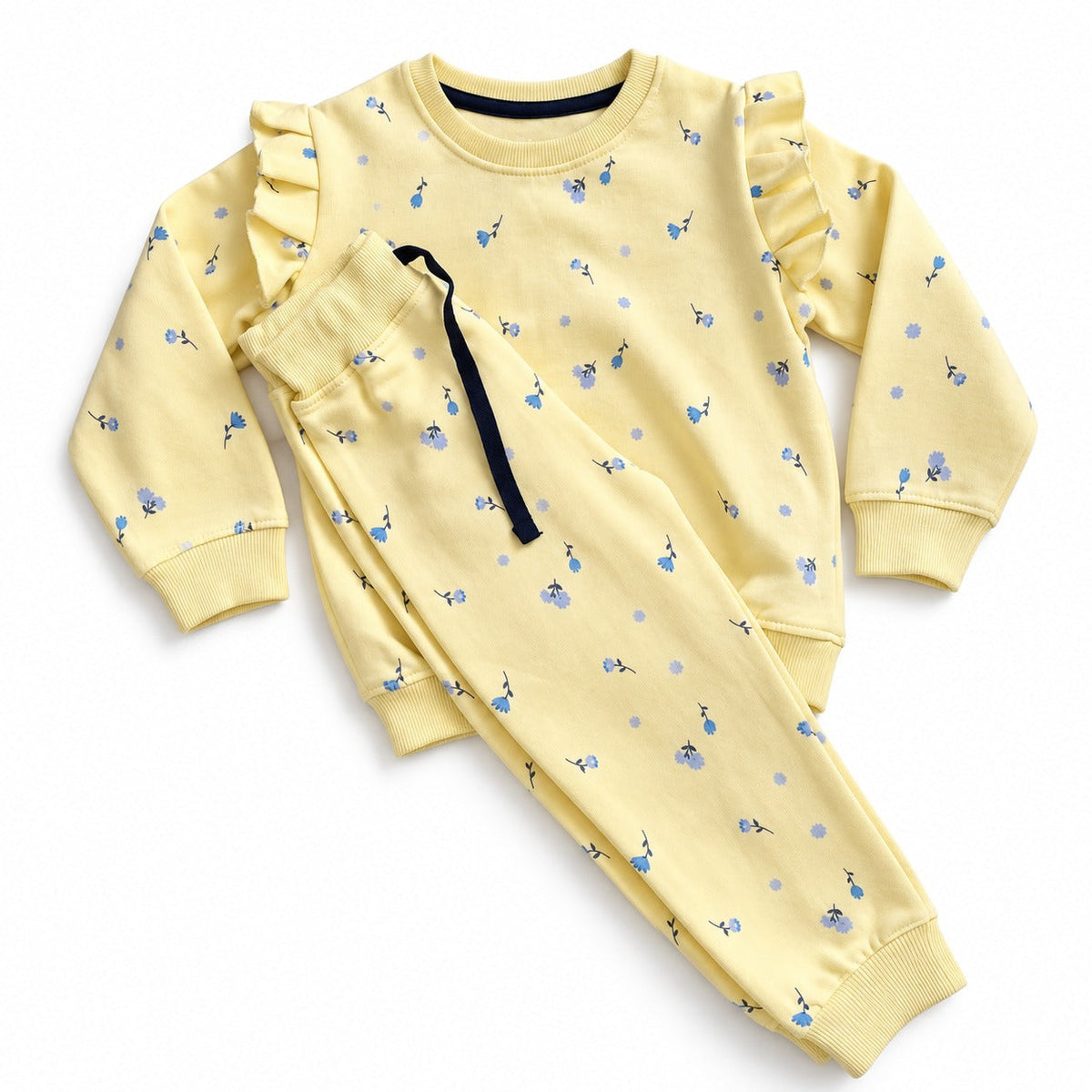 Butter yellow ruffle sleeve floral sweatshirt and jogger set